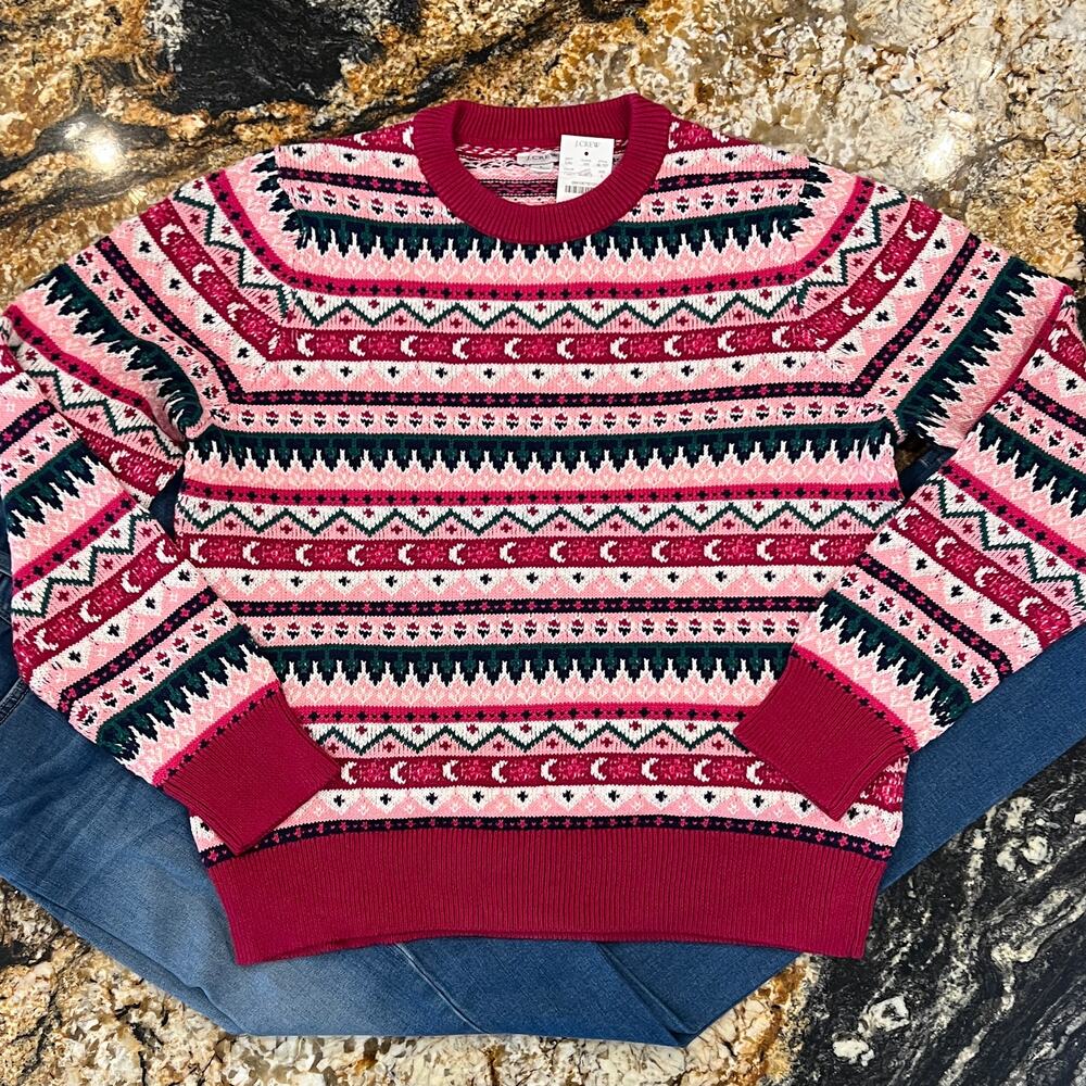 NWT J. Crew Pink, Green & Blue Fair Isle Cotton Sweater - Picture 2 of 10